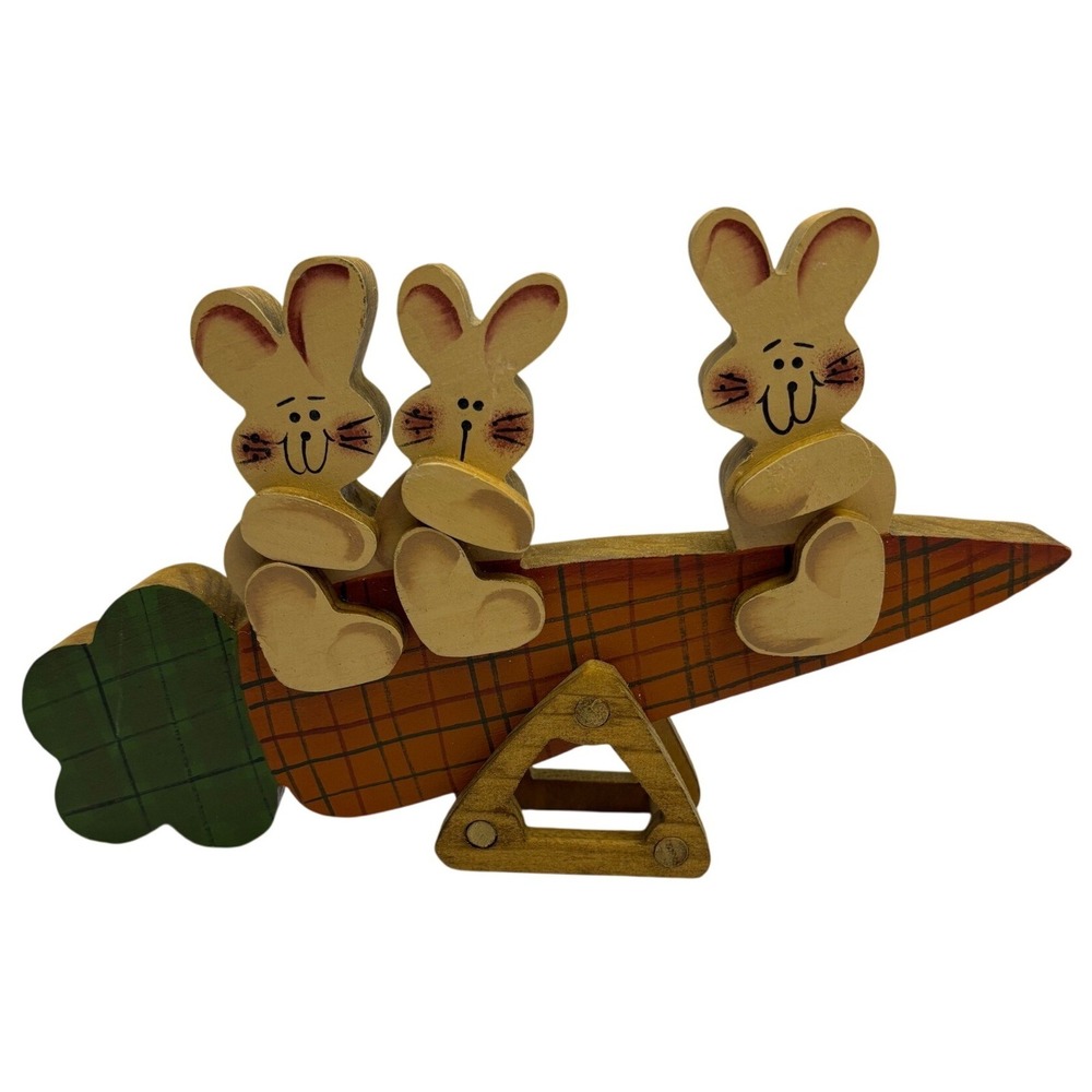 Vintage Wooden Easter Bunny Carrot Seesaw Shelf Sitter Farmhouse Decor 9 Inch